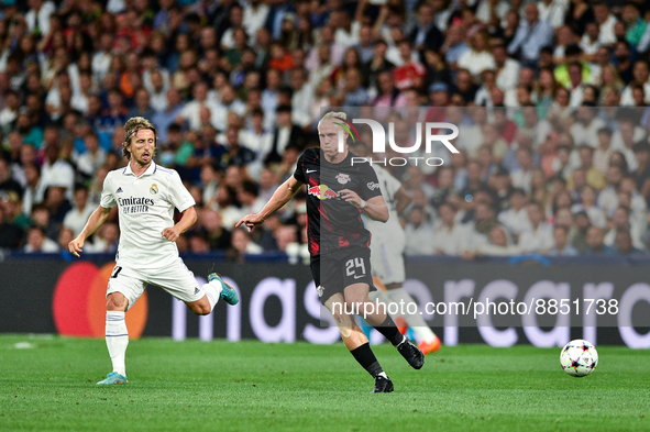 Xaver Schlager and Luka Modric during UEFA Champions League match between Real Madrid and RB Leipzig at Estadio Santiago Bernabeu on Septemb...