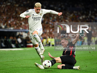 Federico Valverde and Willi Orban during UEFA Champions League match between Real Madrid and RB Leipzig at Estadio Santiago Bernabeu on Sept...