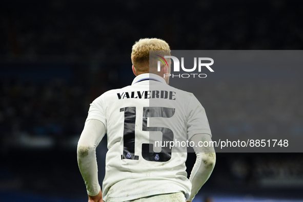 Federico Valverde during UEFA Champions League match between Real Madrid and RB Leipzig at Estadio Santiago Bernabeu on September 14, 2022 i...