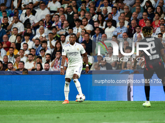 David Alaba and Mohamed Simakan during UEFA Champions League match between Real Madrid and RB Leipzig at Estadio Santiago Bernabeu on Septem...