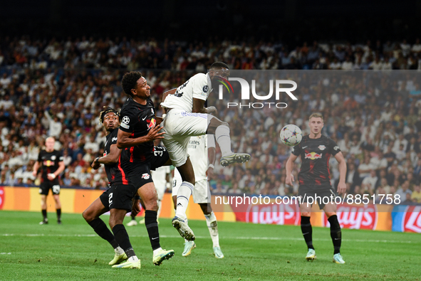 Antonio Rudiger during UEFA Champions League match between Real Madrid and RB Leipzig at Estadio Santiago Bernabeu on September 14, 2022 in...