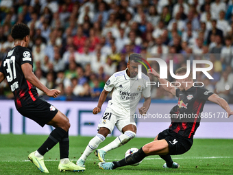 Rodrygo, Willi Orban and Abdou Diallo during UEFA Champions League match between Real Madrid and RB Leipzig at Estadio Santiago Bernabeu on...