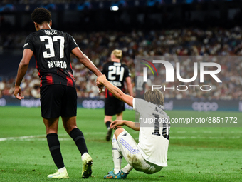 Abdou Diallo and Luka Modric during UEFA Champions League match between Real Madrid and RB Leipzig at Estadio Santiago Bernabeu on September...