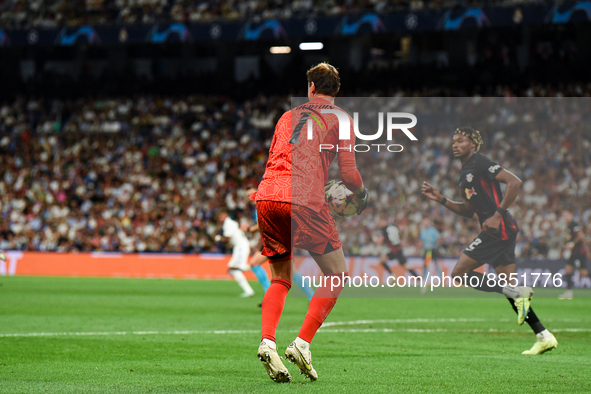 Thibaut Courtois during UEFA Champions League match between Real Madrid and RB Leipzig at Estadio Santiago Bernabeu on September 14, 2022 in...