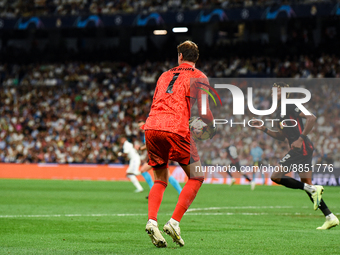 Thibaut Courtois during UEFA Champions League match between Real Madrid and RB Leipzig at Estadio Santiago Bernabeu on September 14, 2022 in...