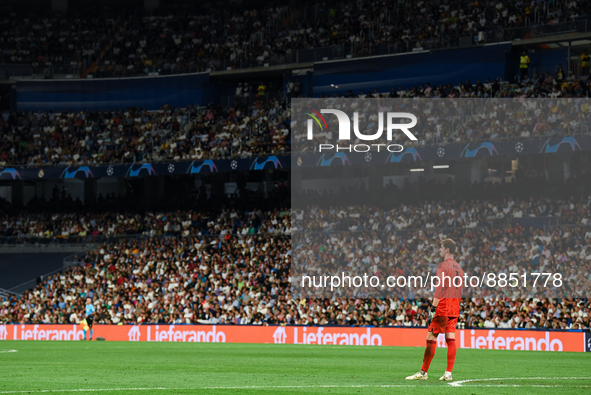 Thibaut Courtois during UEFA Champions League match between Real Madrid and RB Leipzig at Estadio Santiago Bernabeu on September 14, 2022 in...