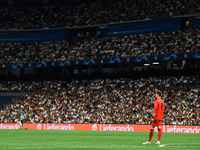 Thibaut Courtois during UEFA Champions League match between Real Madrid and RB Leipzig at Estadio Santiago Bernabeu on September 14, 2022 in...