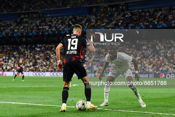 Andre Silva and Antonio Rudiger during UEFA Champions League match between Real Madrid and RB Leipzig at Estadio Santiago Bernabeu on Septem...