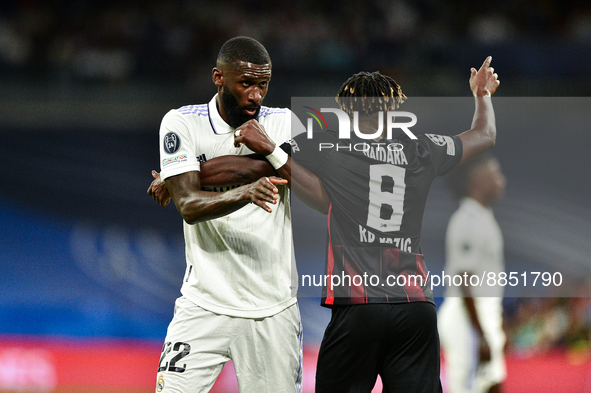 Antonio Rudiger and Amadou Haidara during UEFA Champions League match between Real Madrid and RB Leipzig at Estadio Santiago Bernabeu on Sep...