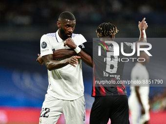 Antonio Rudiger and Amadou Haidara during UEFA Champions League match between Real Madrid and RB Leipzig at Estadio Santiago Bernabeu on Sep...