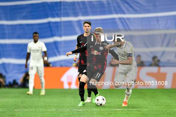 Timo Werner and Nacho during UEFA Champions League match between Real Madrid and RB Leipzig at Estadio Santiago Bernabeu on September 14, 20...