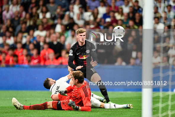 Timo Werner, Daniel Carvajal and Thibaut Courtoisduring UEFA Champions League match between Real Madrid and RB Leipzig at Estadio Santiago B...