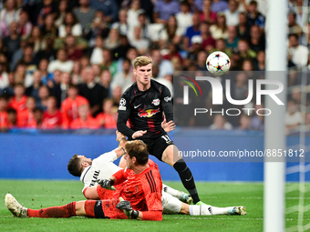 Timo Werner, Daniel Carvajal and Thibaut Courtoisduring UEFA Champions League match between Real Madrid and RB Leipzig at Estadio Santiago B...