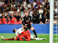 Timo Werner, Daniel Carvajal and Thibaut Courtoisduring UEFA Champions League match between Real Madrid and RB Leipzig at Estadio Santiago B...