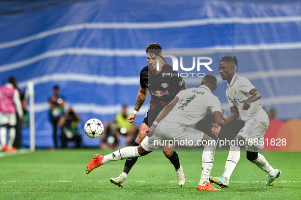 Dominik Szoboszlai, David Alaba and Eduardo Camavinga during UEFA Champions League match between Real Madrid and RB Leipzig at Estadio Santi...