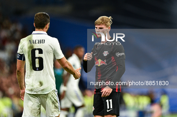 Nacho and Timo Werner during UEFA Champions League match between Real Madrid and RB Leipzig at Estadio Santiago Bernabeu on September 14, 20...