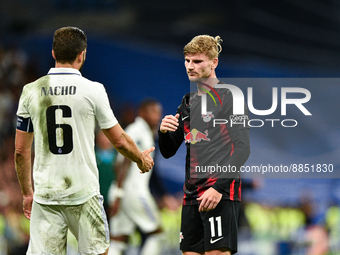 Nacho and Timo Werner during UEFA Champions League match between Real Madrid and RB Leipzig at Estadio Santiago Bernabeu on September 14, 20...