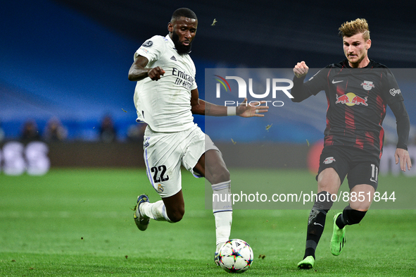 Antonio Rudiger and Timo Werner during UEFA Champions League match between Real Madrid and RB Leipzig at Estadio Santiago Bernabeu on Septem...