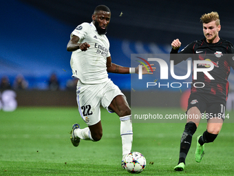 Antonio Rudiger and Timo Werner during UEFA Champions League match between Real Madrid and RB Leipzig at Estadio Santiago Bernabeu on Septem...