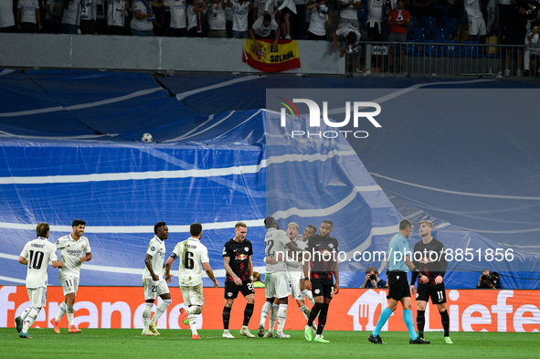 Federico Valverde, Antonio Rudiger, Rodrygo, Nacho, Vinicius Junior, Marco Asensio and Luka Modric celebrates a goal during UEFA Champions L...