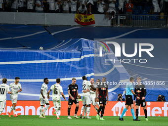 Federico Valverde, Antonio Rudiger, Rodrygo, Nacho, Vinicius Junior, Marco Asensio and Luka Modric celebrates a goal during UEFA Champions L...