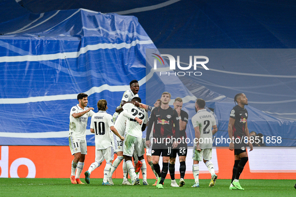 Federico Valverde, Antonio Rudiger, Rodrygo, Nacho, Vinicius Junior, Marco Asensio and Luka Modric celebrates a goal during UEFA Champions L...