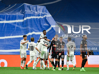 Federico Valverde, Antonio Rudiger, Rodrygo, Nacho, Vinicius Junior, Marco Asensio and Luka Modric celebrates a goal during UEFA Champions L...