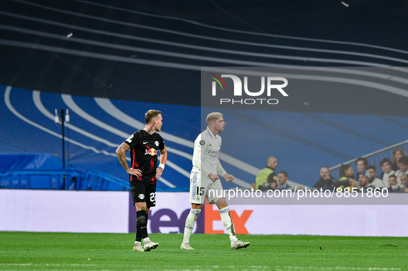 Federico Valverde celebrates a goal during UEFA Champions League match between Real Madrid and RB Leipzig at Estadio Santiago Bernabeu on Se...