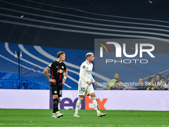 Federico Valverde celebrates a goal during UEFA Champions League match between Real Madrid and RB Leipzig at Estadio Santiago Bernabeu on Se...