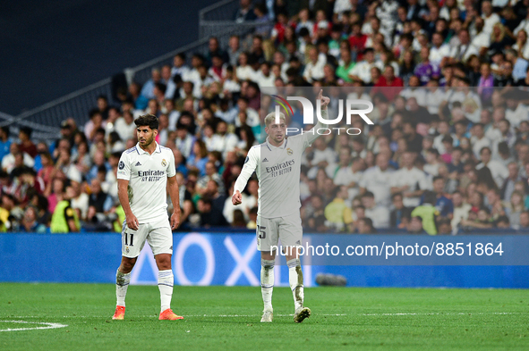 Federico Valverde celebrates a goal during UEFA Champions League match between Real Madrid and RB Leipzig at Estadio Santiago Bernabeu on Se...