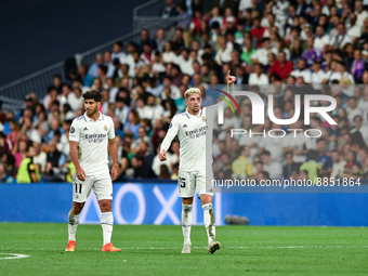 Federico Valverde celebrates a goal during UEFA Champions League match between Real Madrid and RB Leipzig at Estadio Santiago Bernabeu on Se...