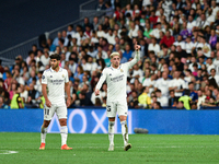 Federico Valverde celebrates a goal during UEFA Champions League match between Real Madrid and RB Leipzig at Estadio Santiago Bernabeu on Se...