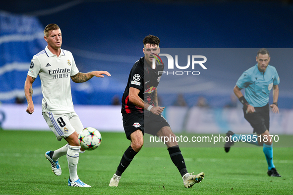 Dominik Szoboszlai and Toni Kroos during UEFA Champions League match between Real Madrid and RB Leipzig at Estadio Santiago Bernabeu on Sept...