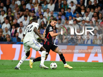 Andre Silva and Antonio Rudiger during UEFA Champions League match between Real Madrid and RB Leipzig at Estadio Santiago Bernabeu on Septem...