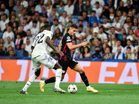 Andre Silva and Antonio Rudiger during UEFA Champions League match between Real Madrid and RB Leipzig at Estadio Santiago Bernabeu on Septem...