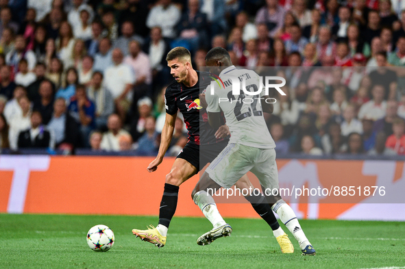 Andre Silva and Antonio Rudiger during UEFA Champions League match between Real Madrid and RB Leipzig at Estadio Santiago Bernabeu on Septem...