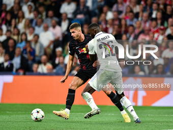 Andre Silva and Antonio Rudiger during UEFA Champions League match between Real Madrid and RB Leipzig at Estadio Santiago Bernabeu on Septem...