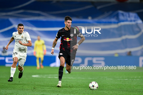 Dominik Szoboszlai and Dani Ceballos during UEFA Champions League match between Real Madrid and RB Leipzig at Estadio Santiago Bernabeu on S...