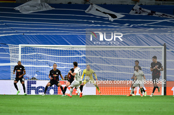 Marco Asensio scores a goal during UEFA Champions League match between Real Madrid and RB Leipzig at Estadio Santiago Bernabeu on September...