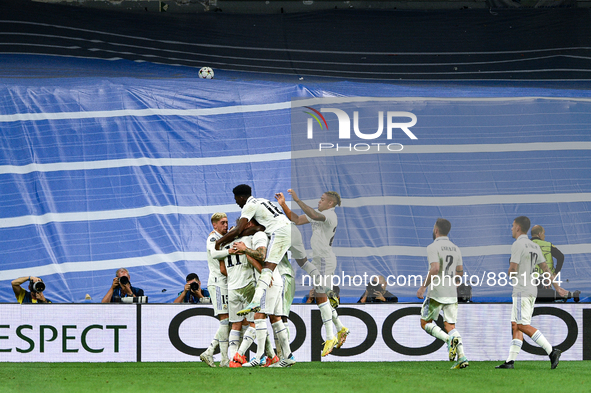 Federico Valverde, Marco Asensio, Aurelien Tchouameni, Mariano Diaz, Daniel Carvajal and Dani Ceballos celebrates a goal during UEFA Champio...