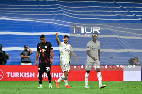 Marco Asensio celebrates a goal during UEFA Champions League match between Real Madrid and RB Leipzig at Estadio Santiago Bernabeu on Septem...