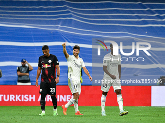 Marco Asensio celebrates a goal during UEFA Champions League match between Real Madrid and RB Leipzig at Estadio Santiago Bernabeu on Septem...