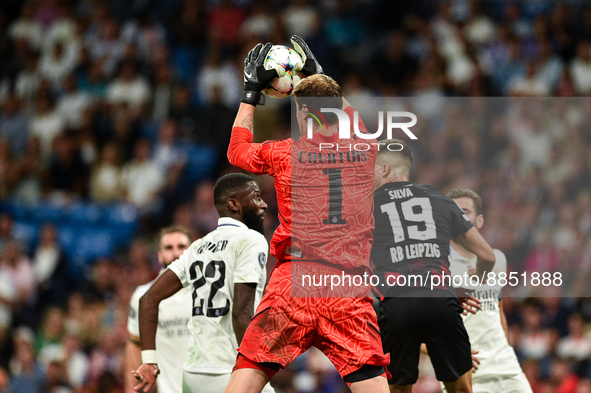 Thibaut Courtois during UEFA Champions League match between Real Madrid and RB Leipzig at Estadio Santiago Bernabeu on September 14, 2022 in...