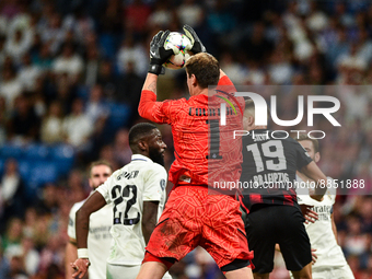 Thibaut Courtois during UEFA Champions League match between Real Madrid and RB Leipzig at Estadio Santiago Bernabeu on September 14, 2022 in...