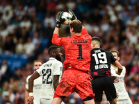 Thibaut Courtois during UEFA Champions League match between Real Madrid and RB Leipzig at Estadio Santiago Bernabeu on September 14, 2022 in...