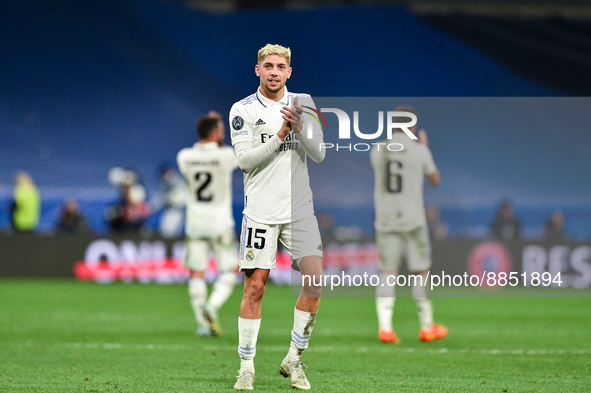 Federico Valverde during UEFA Champions League match between Real Madrid and RB Leipzig at Estadio Santiago Bernabeu on September 14, 2022 i...