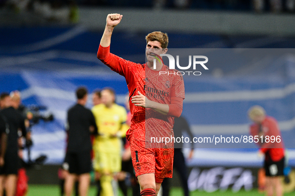 Thibaut Courtois during UEFA Champions League match between Real Madrid and RB Leipzig at Estadio Santiago Bernabeu on September 14, 2022 in...