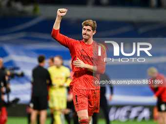 Thibaut Courtois during UEFA Champions League match between Real Madrid and RB Leipzig at Estadio Santiago Bernabeu on September 14, 2022 in...