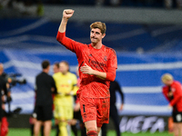 Thibaut Courtois during UEFA Champions League match between Real Madrid and RB Leipzig at Estadio Santiago Bernabeu on September 14, 2022 in...