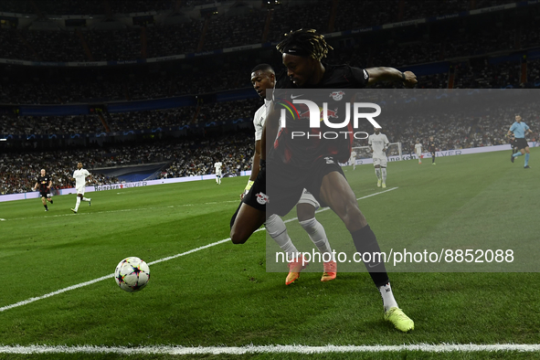 Mohamed Simakan centre-back of RB Leipzig and Franceand David Alaba centre-back of Real Madrid and Austria compete for the ball during the U...